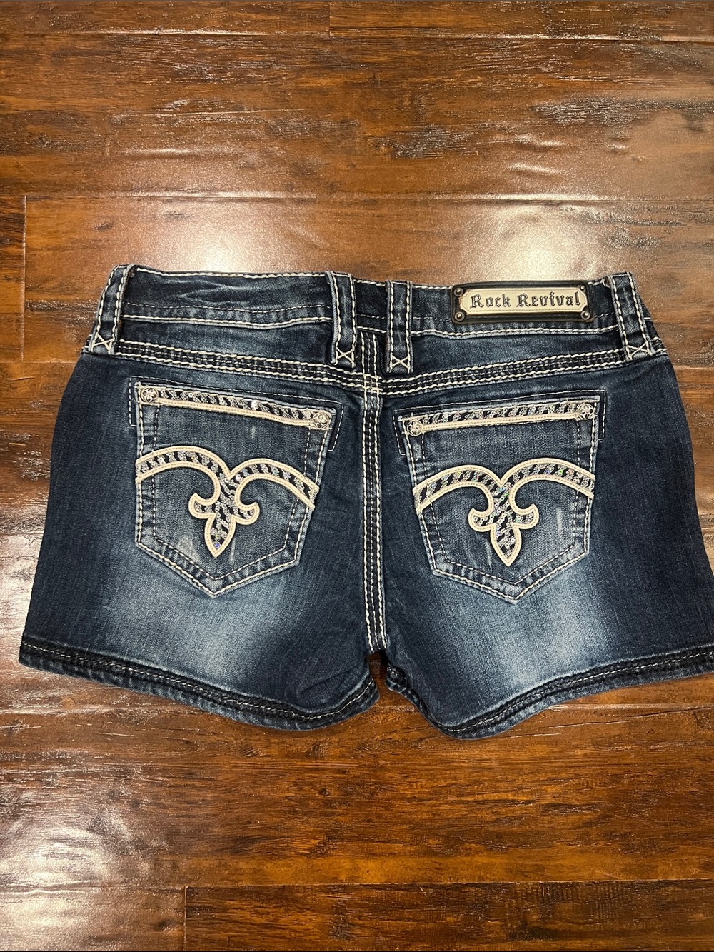 Rock Revival Dark Indigo Denim Shorts with White Embroidery